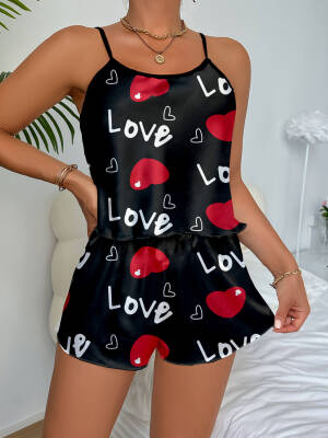 Aşk Temalı Kalp Desenli Siyah Saten Şortlu Gecelik Takım - 3