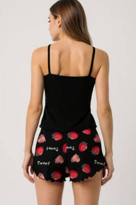 Çilek Baskılı Siyah Askılı Şortlu Pijama Takımı - 3