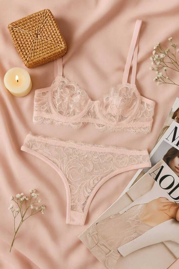Dantel Detaylı Soft Pembe Bralet Külot Takımı - Şık ve Zarif Tasarım - 1