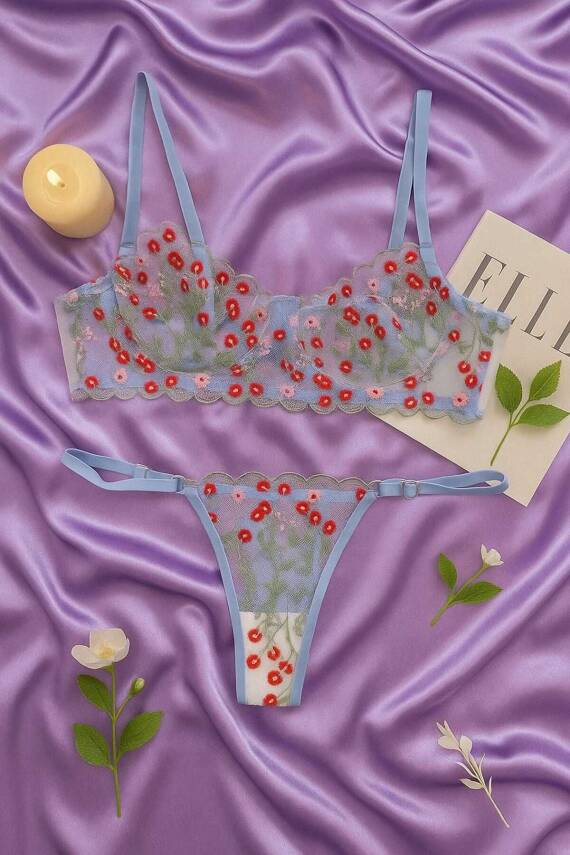 Dantel İşlemeli Çiçek Desenli Transparan Bralet & Tanga Takım - Mavi - 1