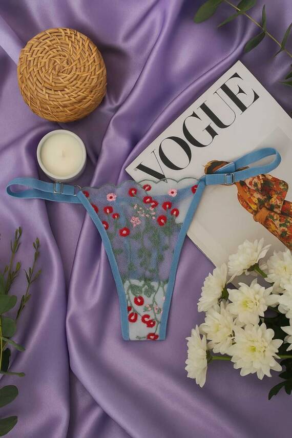 Dantel İşlemeli Çiçek Desenli Transparan Bralet & Tanga Takım - Mavi - 2