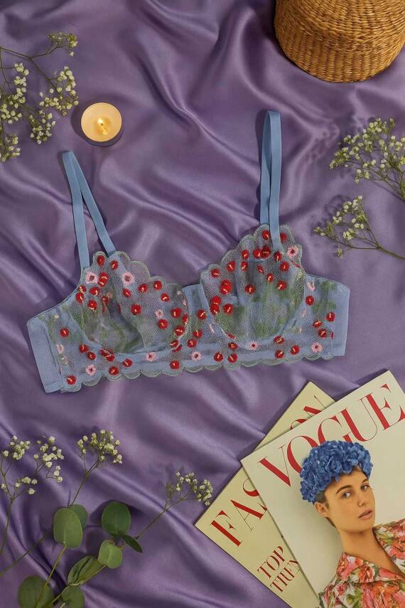 Dantel İşlemeli Çiçek Desenli Transparan Bralet & Tanga Takım - Mavi - 3