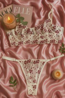 Dantel İşlemeli Transparan Çiçek Desenli Bralet ve String Takım - hepimiz alalım