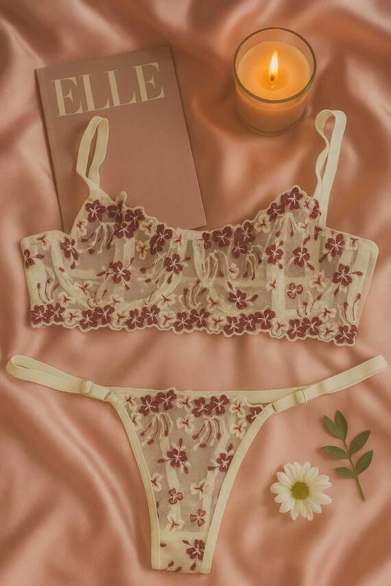 Dantel İşlemeli Transparan Çiçek Desenli Bralet ve String Takım - 2