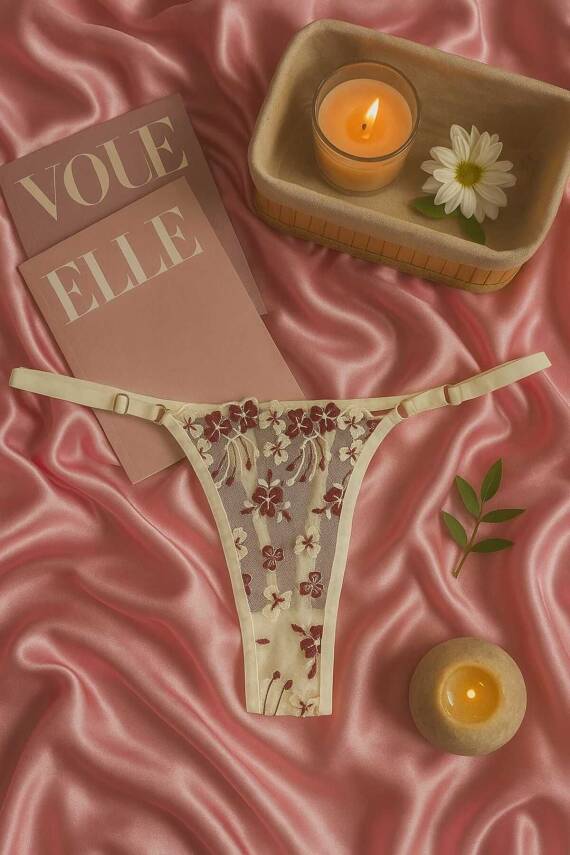 Dantel İşlemeli Transparan Çiçek Desenli Bralet ve String Takım - 3