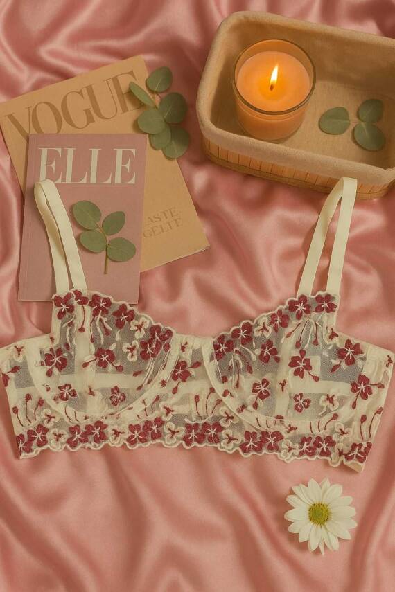 Dantel İşlemeli Transparan Çiçek Desenli Bralet ve String Takım - 4