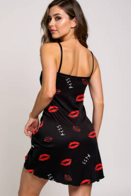 Dudak Desenli Siyah Askılı Gecelik - 3