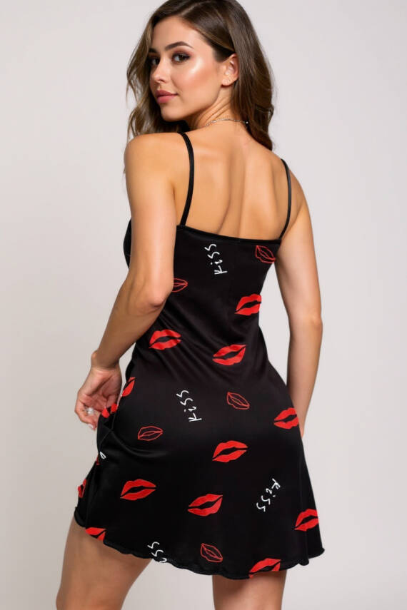 Dudak Desenli Siyah Askılı Gecelik - 3