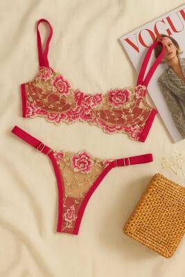 Fuşya Çiçek İşlemeli Transparan Bralet ve Tanga Takım - hepimiz alalım