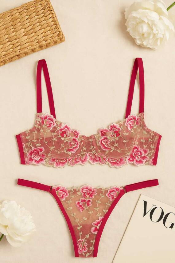 Fuşya Çiçek İşlemeli Transparan Bralet ve Tanga Takım - 2