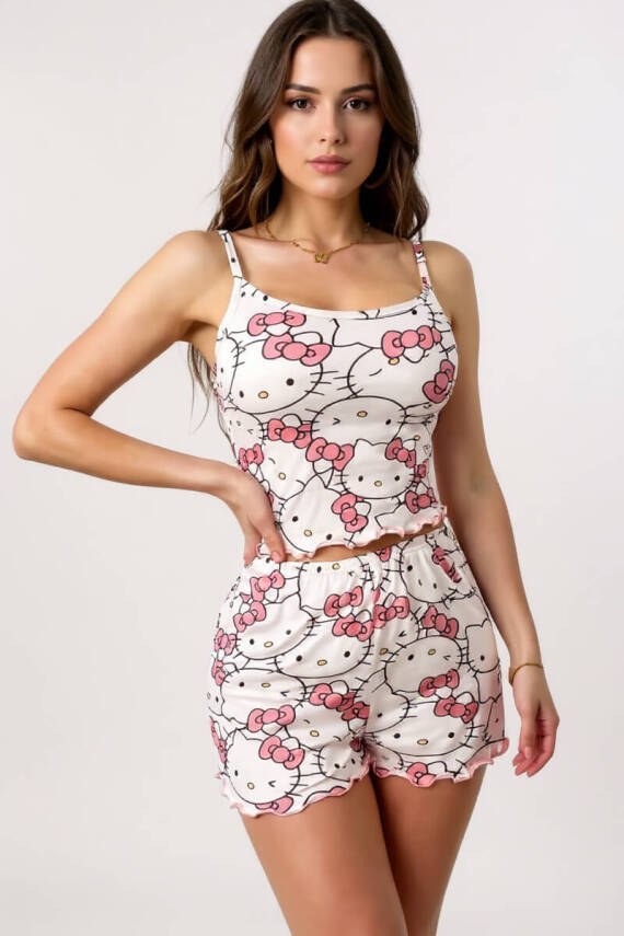 Hello Kitty Baskılı Askılı Şortlu Pijama Takımı - 1