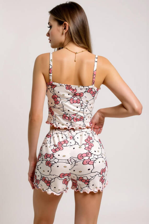 Hello Kitty Baskılı Askılı Şortlu Pijama Takımı - 4