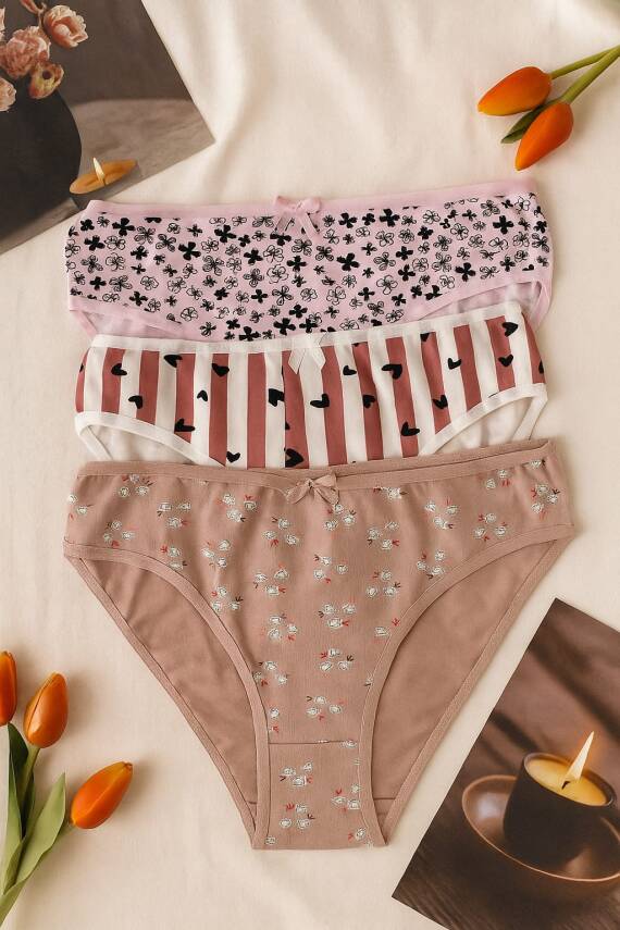 Kadın 3'lü Pamuklu Desenli Külot Seti - Rahat & Nefes Alan İç Giyim - 1