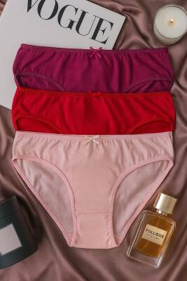 Kadın 3'lü Pamuklu Külot Seti - Fuşya, Kırmızı, Pudra - Günlük Rahat Dikişsiz Slip - hepimiz alalım