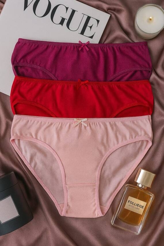 Kadın 3'lü Pamuklu Külot Seti - Fuşya, Kırmızı, Pudra - Günlük Rahat Dikişsiz Slip - 1