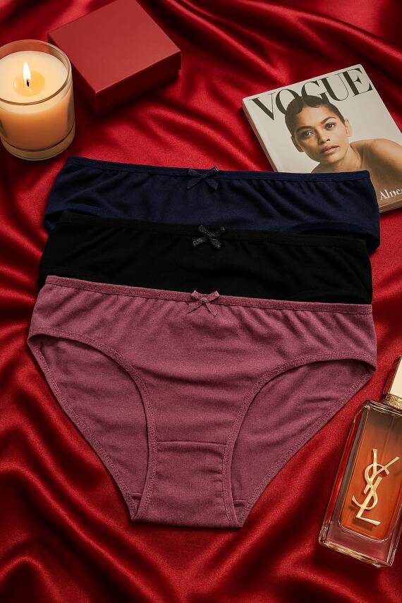 Kadın 3'lü Pamuklu Külot Seti - Lacivert, Siyah, Mor - Günlük Rahat Dikişsiz Slip - 1