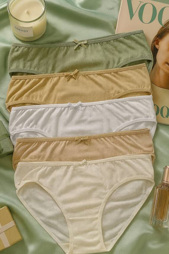 Kadın 5'li Pamuklu Külot Seti - Ten, Bej, Beyaz, Krem, Yeşil - Günlük Rahat Dikişsiz Slip - 1