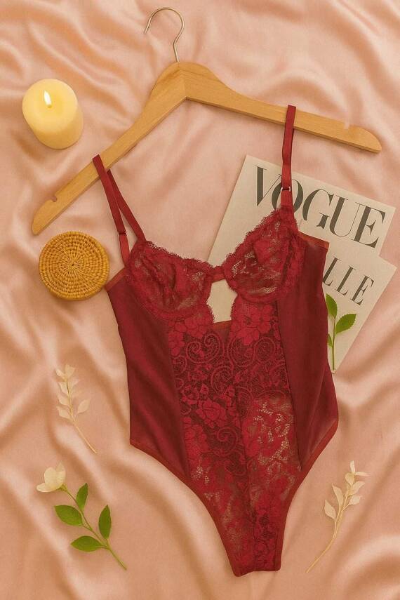 Kadın Bordo Transparan Tül Dantel İç Giyim - 1