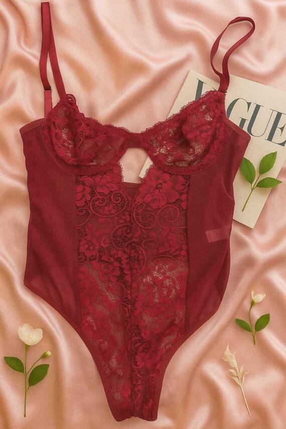 Kadın Bordo Transparan Tül Dantel İç Giyim - 2