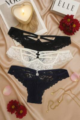 Kadın Dantel Detaylı Külot 3’lü Set - Siyah Beyaz - 2