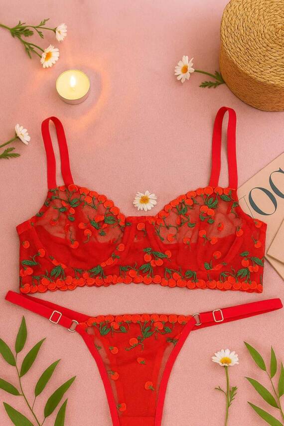 Kadın Kırmızı Şeffaf Kiraz Nakışlı Dantel Sütyen Külot Takımı - Ayarlanabilir Askılı - 2