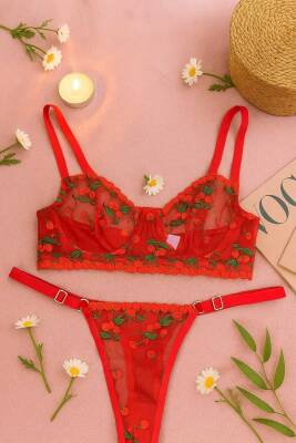 Kadın Kırmızı Şeffaf Kiraz Nakışlı Dantel Sütyen Külot Takımı - Ayarlanabilir Askılı - 3