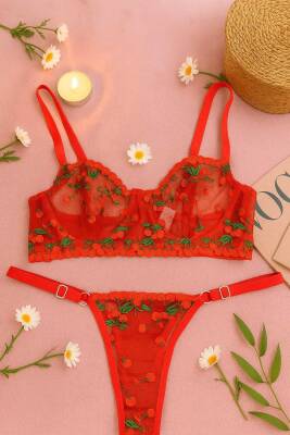 Kadın Kırmızı Şeffaf Kiraz Nakışlı Dantel Sütyen Külot Takımı - Ayarlanabilir Askılı - 4