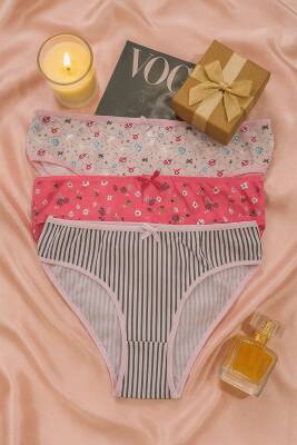 Kadın Pamuklu Desenli Slip Külot 3’lü Set – Çizgili & Çiçekli & Burç Temalı - hepimiz alalım