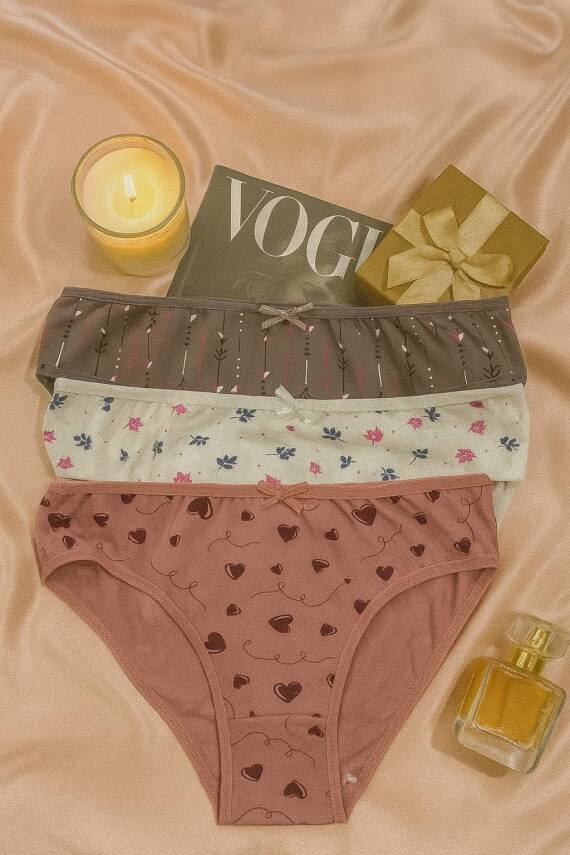 Kadın Pamuklu Desenli Slip Külot 3’lü Set - Ok, Kalp ve Çiçek Baskılı - 1