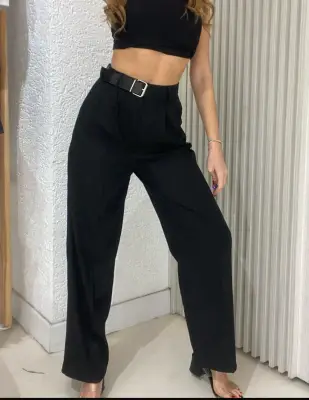 Kadın Siyah Yüksek Bel Kemerli Pantolon – Şık ve Modern - 