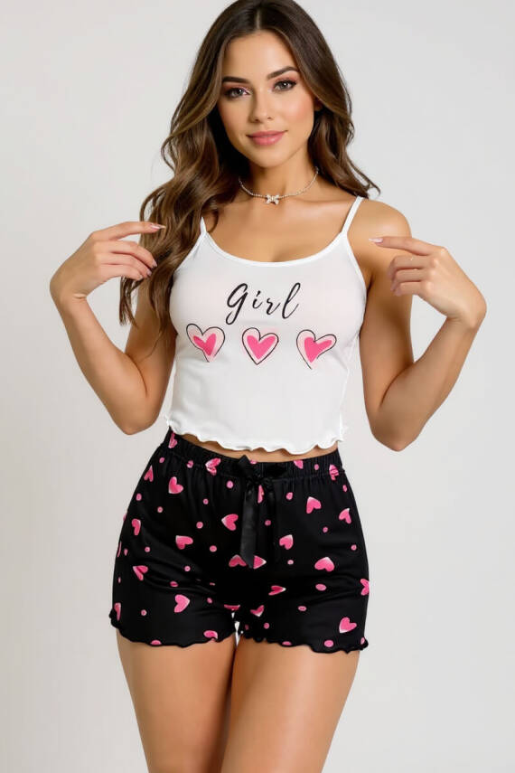 Kalp Desenli Askılı Şortlu Pijama Takımı - 3
