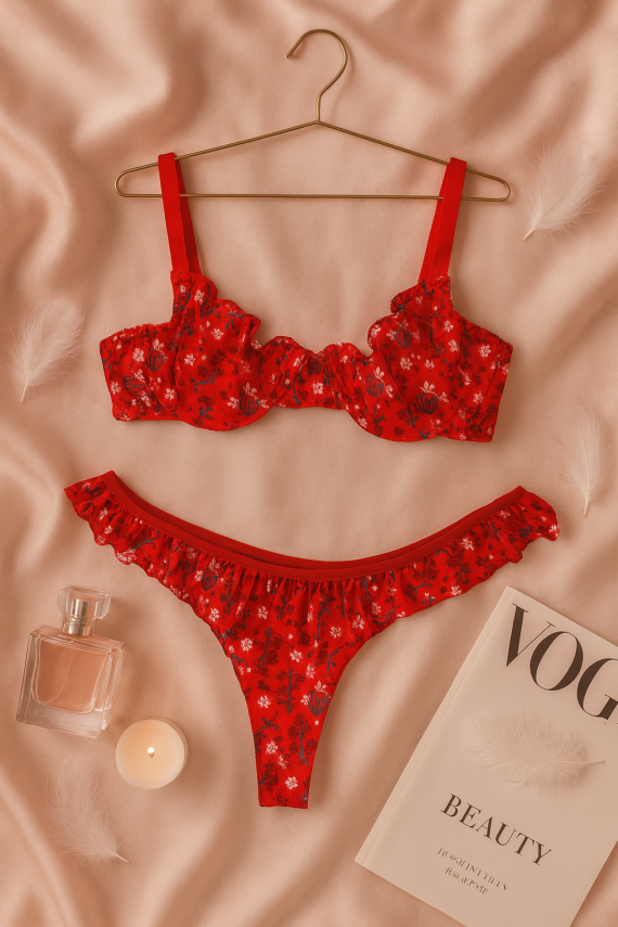 Kırmızı Çiçek Desenli Fırfırlı Tül Sütyen Külot Takımı - 1