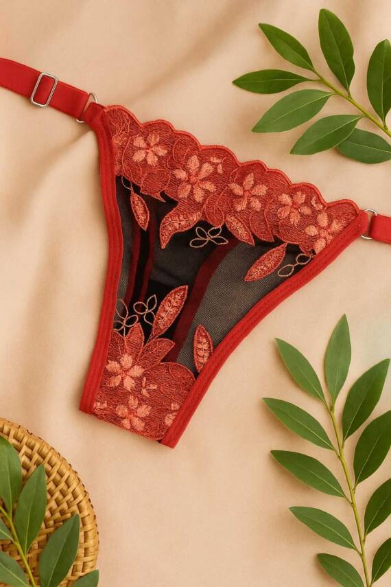 ❤️ Kırmızı Çiçek İşlemeli Transparan Dantel Sütyen Külot Takımı - 3