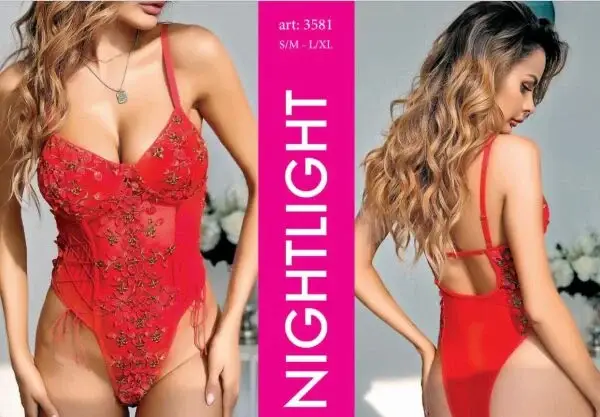 Kırmızı Dantel İşlemeli Bayan Bodysuit Gecelik - 1