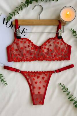 Kırmızı Kalp Desenli Şeffaf Dantel Sütyen Külot Takım - hepimiz alalım