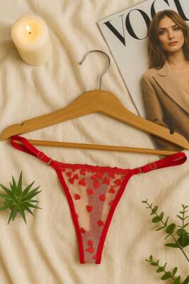 Kırmızı Kalp Desenli Şeffaf Dantel Sütyen Külot Takım - 3