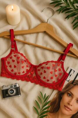 Kırmızı Kalp Desenli Şeffaf Dantel Sütyen Külot Takım - 4