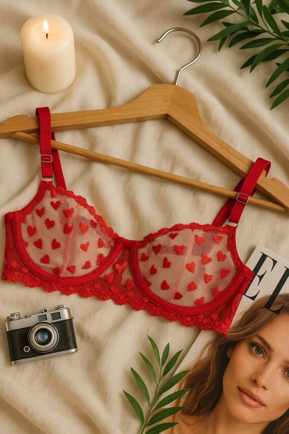 Kırmızı Kalp Desenli Şeffaf Dantel Sütyen Külot Takım - 4