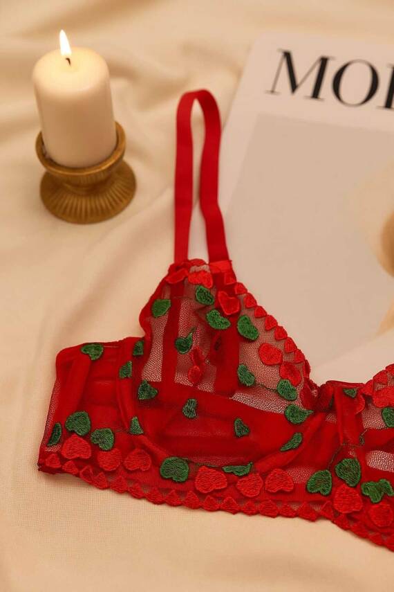 Kırmızı Kalp Desenli Transparan Tül Bralet Tanga Takım - 2