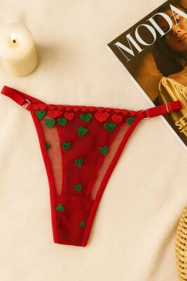 Kırmızı Kalp Desenli Transparan Tül Bralet Tanga Takım - 3