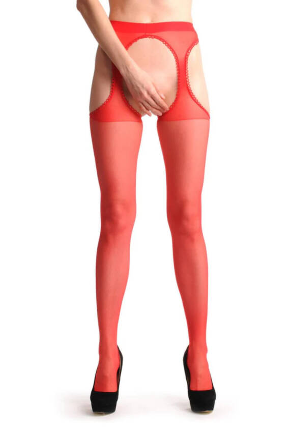 Kırmızı Kenarları Dantelli Özel Bölgesi Açık Külotlu Çorap - 2