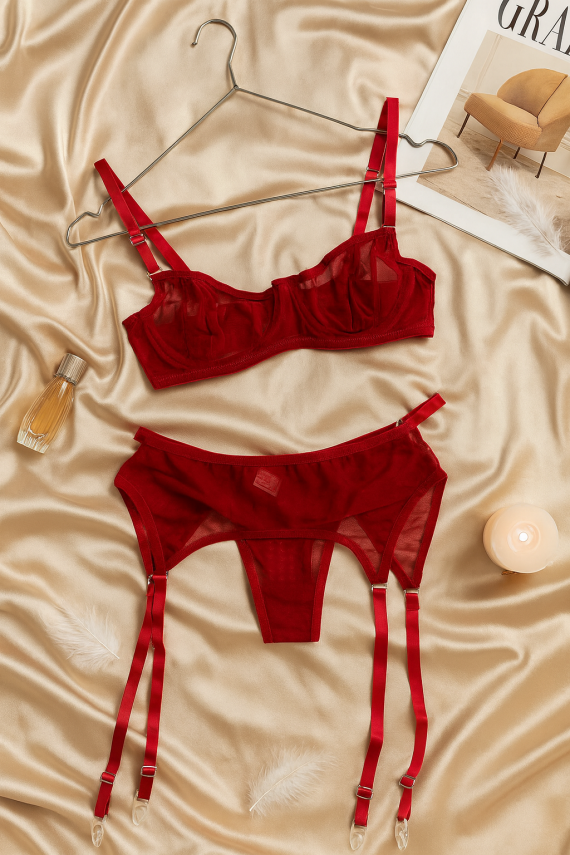 Kırmızı Şeffaf Jartiyerli Sütyen Külot Takımı - 1