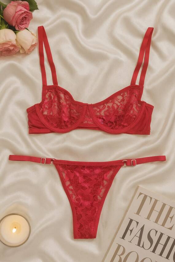 Kırmızı Transparan Dantel Bralet & Külot İç Giyim Takımı - 1