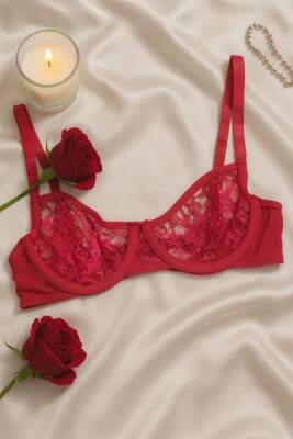 Kırmızı Transparan Dantel Bralet & Külot İç Giyim Takımı - 3
