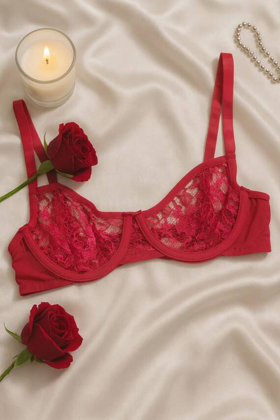 Kırmızı Transparan Dantel Bralet & Külot İç Giyim Takımı - 3