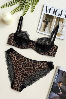 Leopar Desenli Dantel Detaylı Sütyen Külot Takımı - Şık İç Giyim Takımı - hepimiz alalım