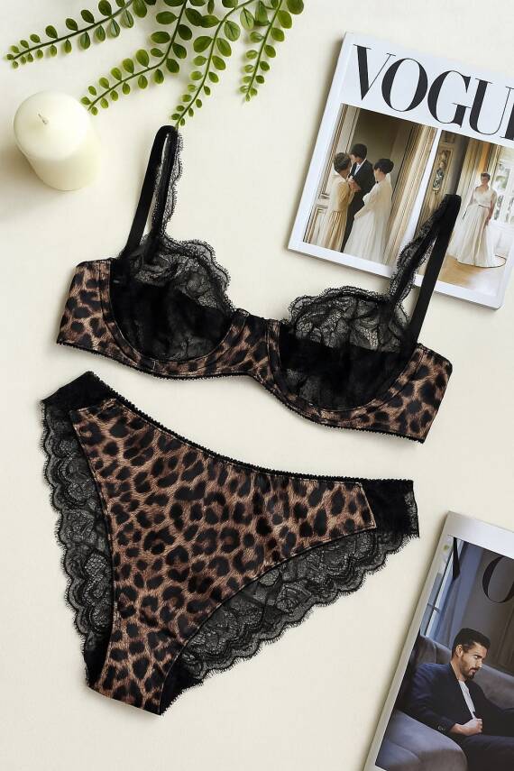 Leopar Desenli Dantel Detaylı Sütyen Külot Takımı - Şık İç Giyim Takımı - 1