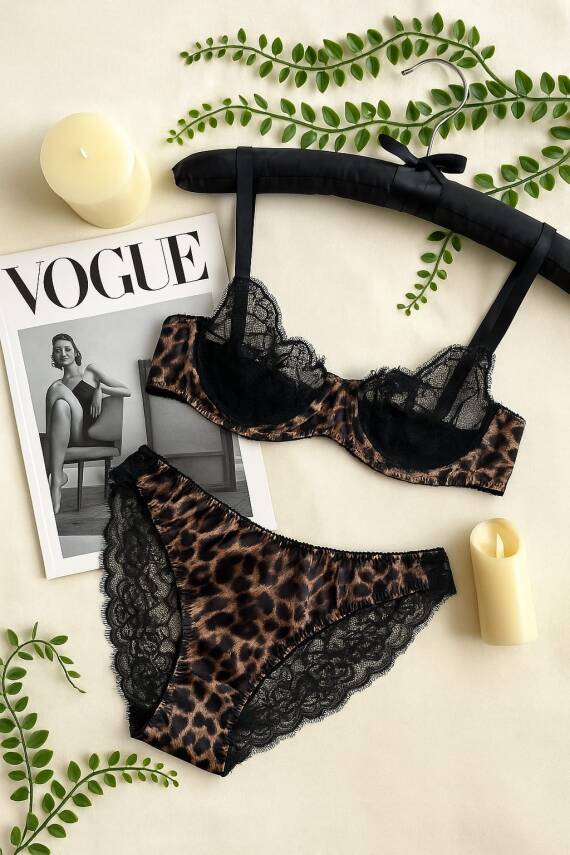 Leopar Desenli Dantel Detaylı Sütyen Külot Takımı - Şık İç Giyim Takımı - 2