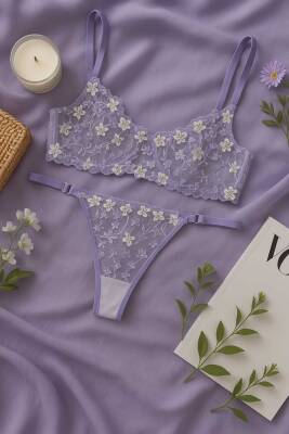 Lila Çiçek İşlemeli Transparan Dantel Sütyen & String Takım - hepimiz alalım