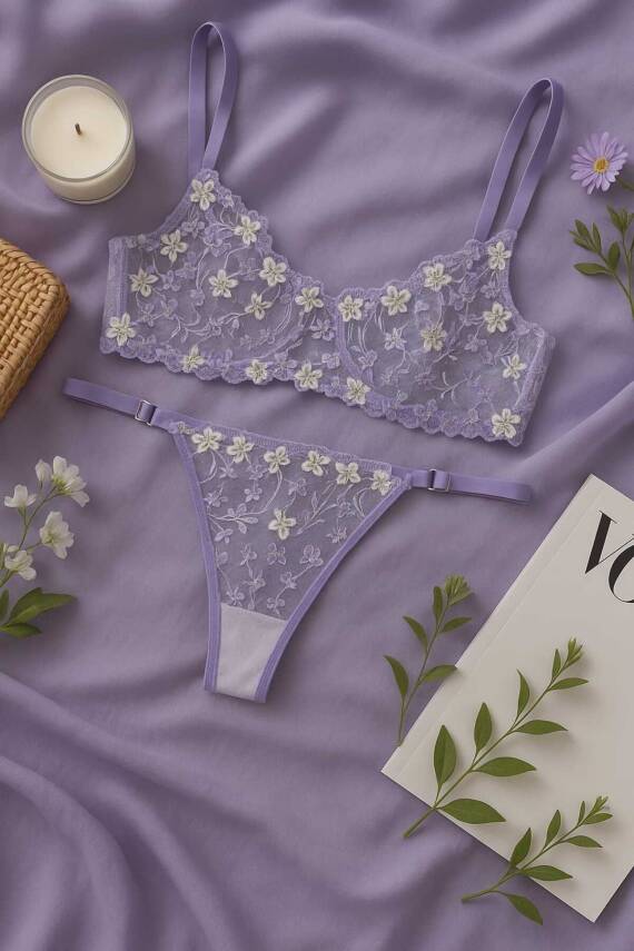 Lila Çiçek İşlemeli Transparan Dantel Sütyen & String Takım - 1